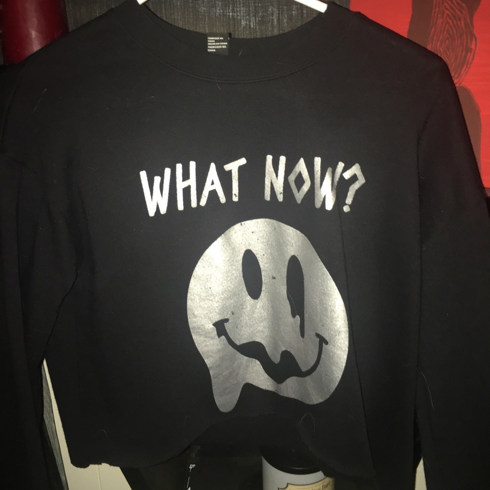Cropped Vaporwave “What Now” Smiley Face Sweater